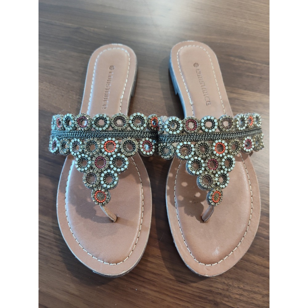 Constance Beaded Thong Sandals Tan Boho Turquoise Coral Flat Slides Brazil 40 EU